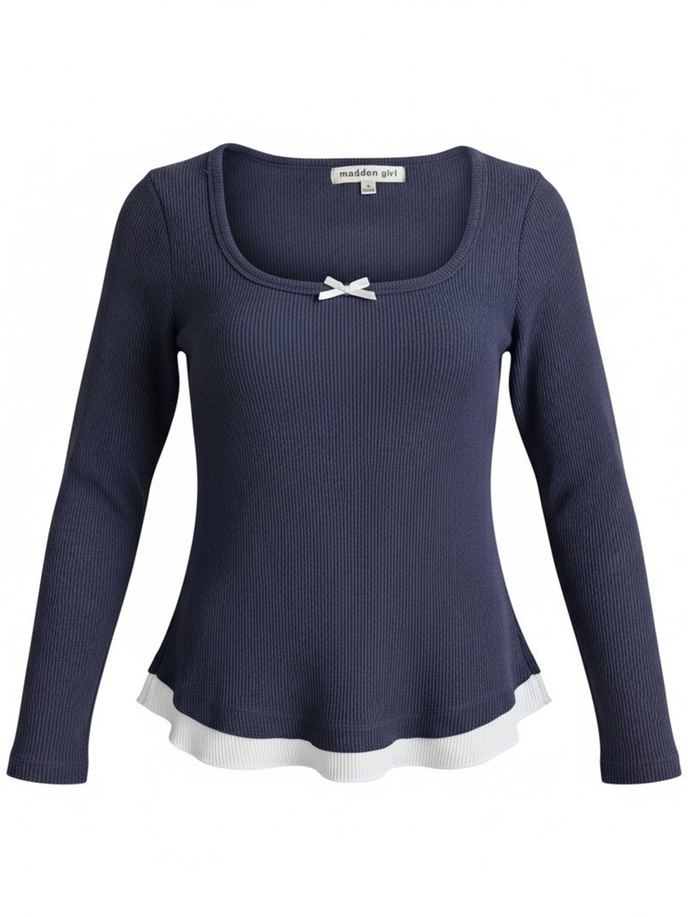 Madden Girl Navy Ribbed Long Sleeve Bow Accent Layered Hem Top Size Small
